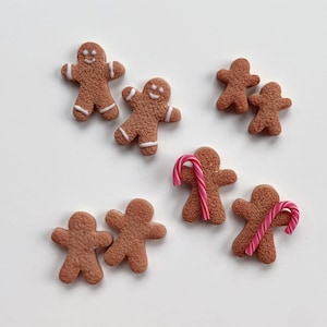 May include: A collection of gingerbread men and women cookies, some holding candy canes. The cookies are decorated with white icing and have a brown glaze.