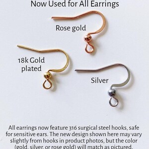 May include: Close-up of three earring hooks in different finishes: rose gold, 18k gold plated, and silver. The text "Updated hooks!" is at the top of the image. The text "New 316 Surgical Steel Hooks - Now Used for All Earrings" is below the hooks. The text "All earrings now feature 316 surgical steel hooks, safe for sensitive ears. The new design shown here may vary slightly from hooks in product photos, but the color (gold, silver, or rose gold) will match as pictured." is at the bottom of the image.