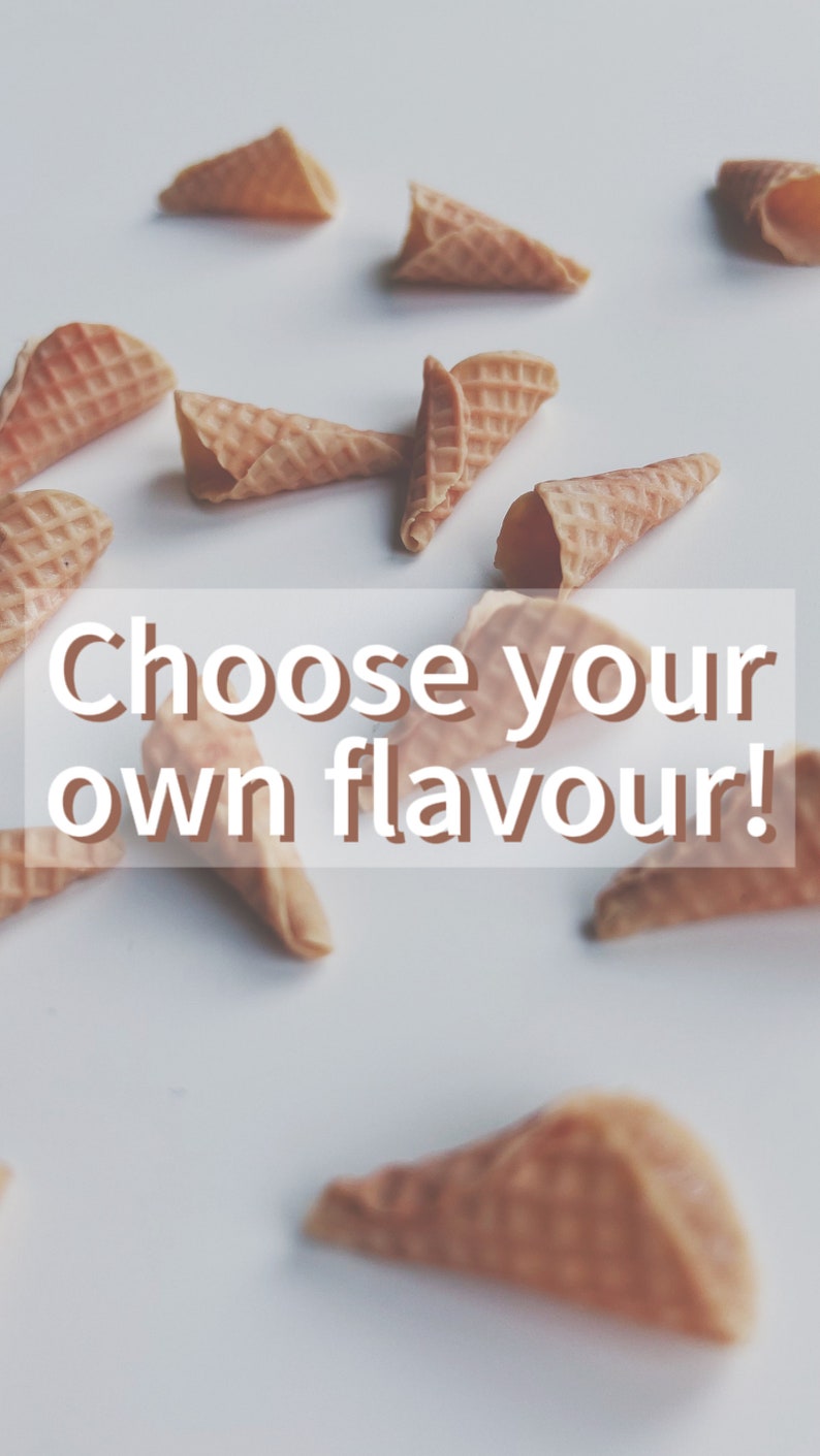 Small empty ice cream cones on a white background. Text banner with 'Choose your own flavour!'