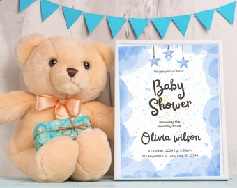 Blue Watercolor Baby Shower Invitation