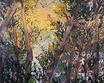 Glow, Original Forest Sunset Painting, 18x24 Acrylic on Canvas, Woodland Landscape Wall Art