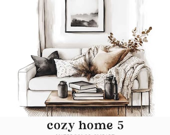 Modern Home Clipart Watercolor, Boho Home Clipart, Scandinavian Home, Neutral Home Decor Clipart, Commercial, Home Stickers, Scrapbooking