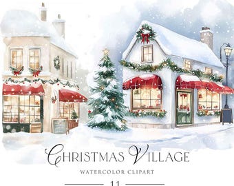 Christmas Houses Clipart, Christmas Village Watercolor, Commercial Use, Christmas Homes Clipart, PNG, Christmas Market, Christmas City