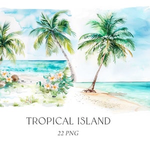 Clipart spiaggia tropicale, Clipart palme acquerello, Clipart spiaggia di palme, Paesaggio scena isola tropicale, Spiaggia esotica, Vacanza vista mare