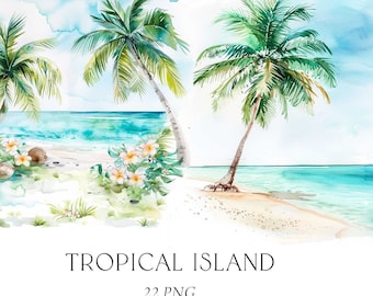 Tropical Beach Clipart, Palm Trees Clipart Watercolor, Palm Beach Clipart, Tropical Island Scene Landscape, Exotic Beach, Sea View Vacation