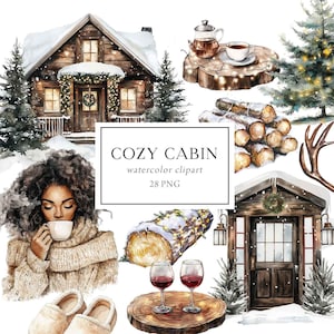 Op de afbeelding: Watercolor clipart set met een gezellig hutthema. Bevat een hut, een vrouw die uit een mok drinkt, wijnglazen, een theepot, een boom en andere winterse elementen. De tekst "COZY CABIN watercolor clipart 28 PNG" is ook aanwezig.