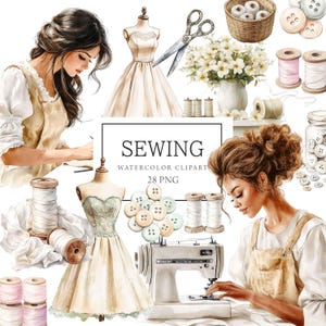May include: Watercolour clipart set featuring sewing themed illustrations. The set includes two women, one sewing on a sewing machine, the other holding a piece of fabric. Other elements include spools of thread, buttons, a sewing machine, a dress form, and a basket of fabric scraps. The text "Sewing Watercolor Clipart 28 PNG" is included in the image.