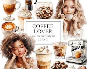 May include: Watercolor clipart set of coffee themed illustrations. Includes coffee cups, mugs, espresso machine, coffee beans, and two women enjoying coffee. The text "COFFEE LOVER watercolor clipart 30 PNG" is included in the image.