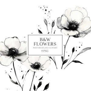Schwarzweiße Blumen Clipart, Schwarzweiße Blumen Clipart, Minimalistische Blumen, Abstrakte Blumensträuße, Schwarz weiß Einladung