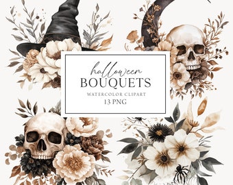 May include: Watercolor clipart featuring Halloween bouquets. The image showcases a witch's hat, a skull, and a crescent moon, each adorned with floral arrangements in shades of white, brown, and black. The text reads "Halloween Bouquets, Watercolor Clipart, 13 PNG."