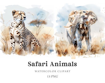 Clipart animali safari, Clipart animali africani, Clipart safari nella giungla acquerello, Leone elefante zebra, Baby shower, Asilo nido, Adesivi