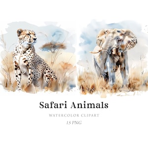 Imágenes prediseñadas de animales de safari, imágenes prediseñadas de animales africanos, imágenes prediseñadas de safari en la jungla en acuarela, león, elefante, cebra, baby shower, guardería, pegatinas