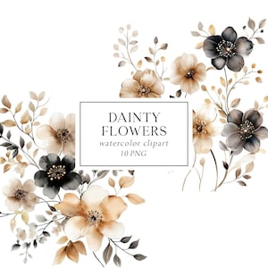 Clipart Floral Neutro, Clipart Floral Boho, Clipart Floral Bege, Clipart Buquês Neutros, Aquarela de Flores Boho, Flores Marrons Bege
