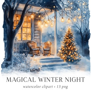 Clipart di case di Natale, case invernali innevate, clipart di case di Natale, acquerello del villaggio di Natale, notte di Natale, commerciale, PNG