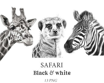 Safari Animals Clipart, Black and White Animals, Jungle Animals Clipart, Safari Animals Clipart, Pencil Illustrations, Nursery Clipart