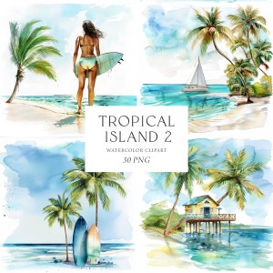 Tropisch strand clipart, tropisch eiland clipart, exotisch strand surfen clipart, aquarel palmbomen strand clipart, zeezicht vakantie clipar