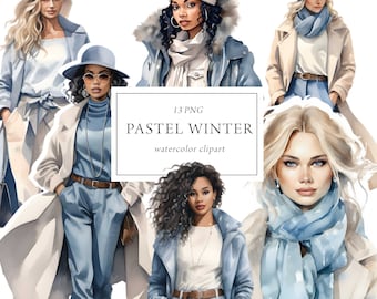Pastel Winter Fashion Clipart Acuarela, Fashion Girls Clipart, Uso Comercial, Azul Pastel, Chicas de Invierno, Chicas Negras, Trajes de Invierno