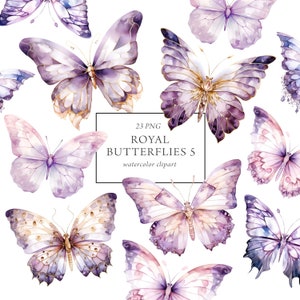 Clipart de borboleta roxa aquarela, borboletas roxas PNG, adesivos de planejador, convite de borboleta, scrapbooking, gráficos de borboleta POD