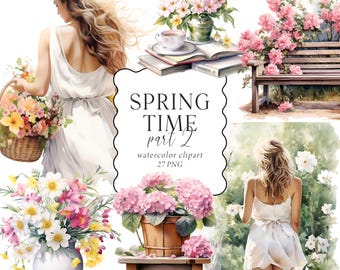 Spring Clipart Watercolor, Spring Girls Clipart, Spring Bouquets, Spring Home, Spring Planner Stickers, Scrapbooking, Commercial Use