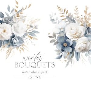 Winter bloemen clipart, elegante winterboeketten, winter bruiloft uitnodiging, blauwe bloemen clipart, bloemen bruiloft clipart, vakantie uitnodiging