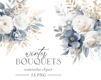 Winter Floral Clipart, Elegant Winter Bouquets, Winter Wedding Invitation, Blue Floral Clipart, Floral Wedding Clipart, Holiday Invitation