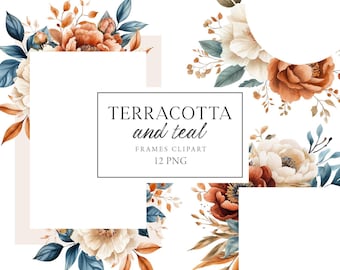 Teal and Orange Flowers Clipart, Frames Clipart, Terracotta and Teal Bouquets, Blue Orange Flowers Clipart, Boho Fall Flowers Watercolor,