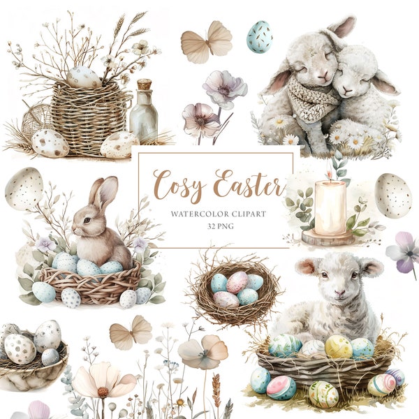 Boho Easter Clipart Watercolor, Neutral Easter Clipart, Easter Eggs, Cute Easter Clipart, Easter Animals, Bunny Lamb, Easter Stickers