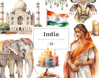 India Clipart Watercolor, Taj Mahal, Indian Woman Clipart, India Illustrations, India Stickers Scrapbooking, Travel Clipart Set