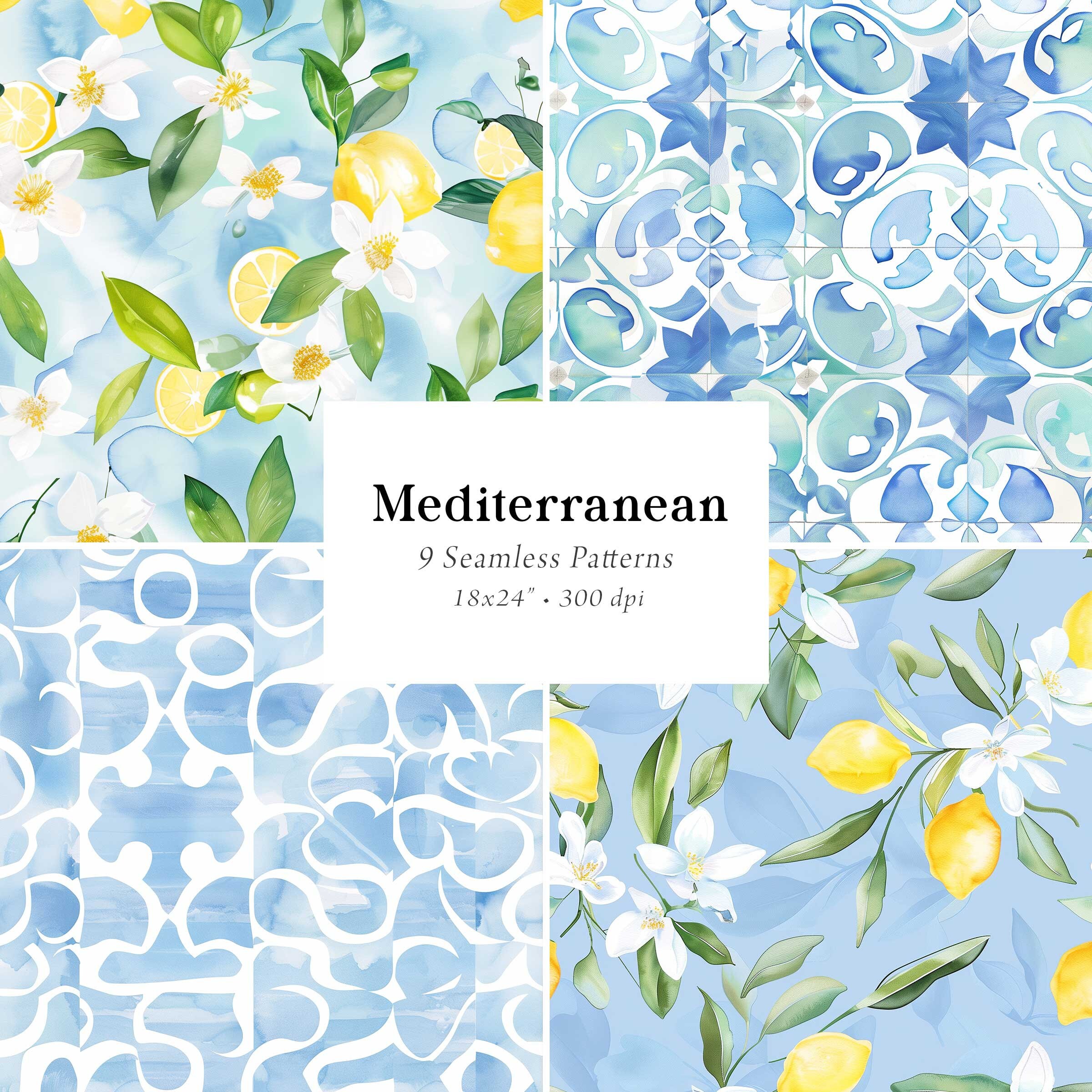 Mediterranean Digital Papers, Mediterranean Seamless Patterns, Lemon ...