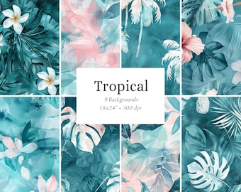 Tropical Digital Papers, Tropical Seamless Patterns, Teal Floral Patterns, Floral Palm Tropical Backgrounds, Tropical Fabric Patterns