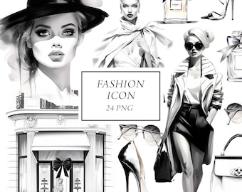 Fashion Clipart, Glamour Clipart, Elegant Girls Clipart, Watercolor Fashion Women Clipart, Chic Style, Black White, Fashion Model, F1