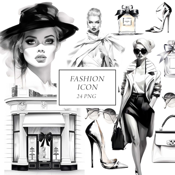 Clipart mode, glamour, clipart filles élégantes, aquarelle mode femmes clipart, Style Chic, noir blanc, mannequin, F1