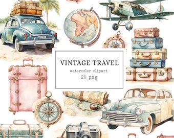 Travel Clipart Watercolor, Retro Vintage Travel Clipart, Adventure Clipart, Road Trip Clipart, Travel Illustrations, Holidays Explore