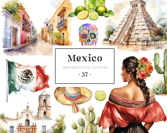 Mexico Clipart Watercolor, Mexican Fiesta Clipart, Cinco de Mayo, Mexico Stickers Scrapbooking, Mexican Girl Mexico Illustrations
