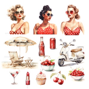 Puede incluir: Una ilustraci&oacute;n de acuarela de una escena de verano con un bikini de lunares rojos y blancos, una sombrilla a rayas rojas y blancas, un scooter blanco, una botella de Coca-Cola, una lata de refresco, una magdalena con glaseado rojo y blanco, un cuenco de cerezas rojas y un pintalabios rojo.