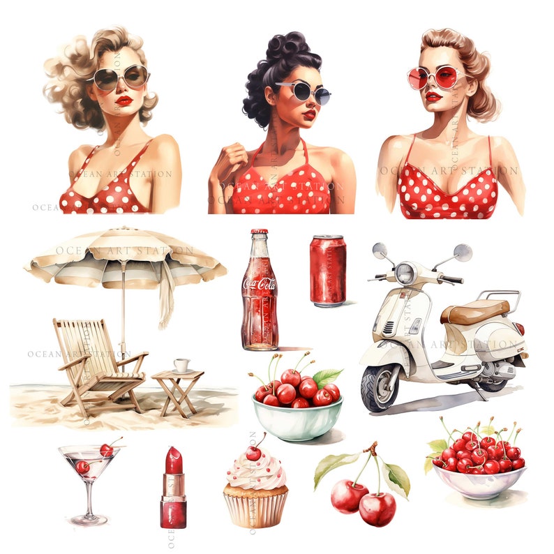 Puede incluir: Una ilustraci&oacute;n de acuarela de una escena de verano con un bikini de lunares rojos y blancos, una sombrilla a rayas rojas y blancas, un scooter blanco, una botella de Coca-Cola, una lata de refresco, una magdalena con glaseado rojo y blanco, un cuenco de cerezas rojas y un pintalabios rojo.