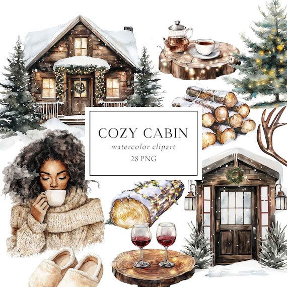 Cozy Cabin Clipart, Winter Cabin Clipart, Winter Cottage, Winter Vacation Clipart, Snowy Lodge Chalet, Watercolor, Cozy Winter Clipart