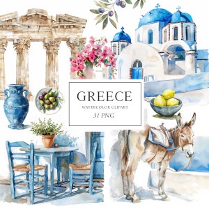 Griechenland Clipart, Santorini Clipart, griechische Urlaub, Mykonos Sommerurlaub Clipart, Reise Clipart, Santorini Aquarell, griechische Inseln Png