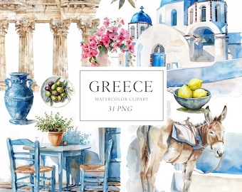 Greece Clipart, Santorini Clipart, Greek Vacation, Mykonos Summer Vacation Clipart, Travel Clipart, Santorini Watercolor, Greek Islands Png