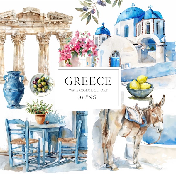 Greece Clipart, Santorini Clipart, Greek Vacation, Mykonos Summer Vacation Clipart, Travel Clipart, Santorini Watercolor, Greek Islands Png