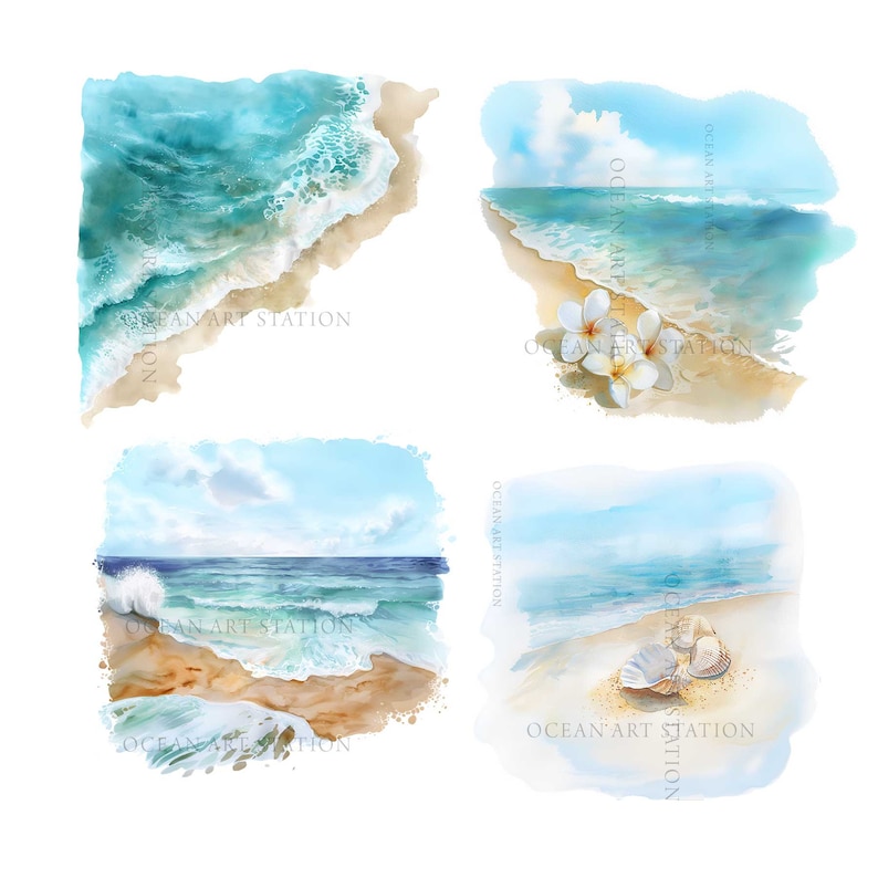 May include: Four watercolor paintings of beach scenes. The top left image shows a close-up of a wave crashing on the shore. The top right image shows a beach with white flowers. The bottom left image shows a wave crashing on the shore. The bottom right image shows a beach with seashells.