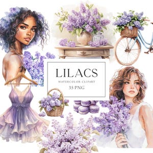Clipart de niña de primavera, clipart de lilas, jardín de primavera, niña con flores, ramos de primavera, ramos de lilas, pegatinas para planificador de primavera