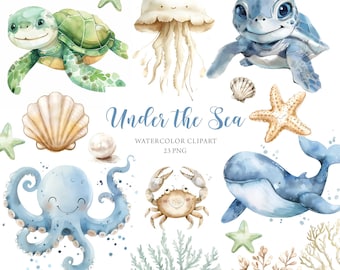 Under the Sea Clipart, Underwater Clipart, Cute Sea Animals Clipart, Marine Watercolor, Turtle Whale Octopus, Baby Shower Clipart, Nursery