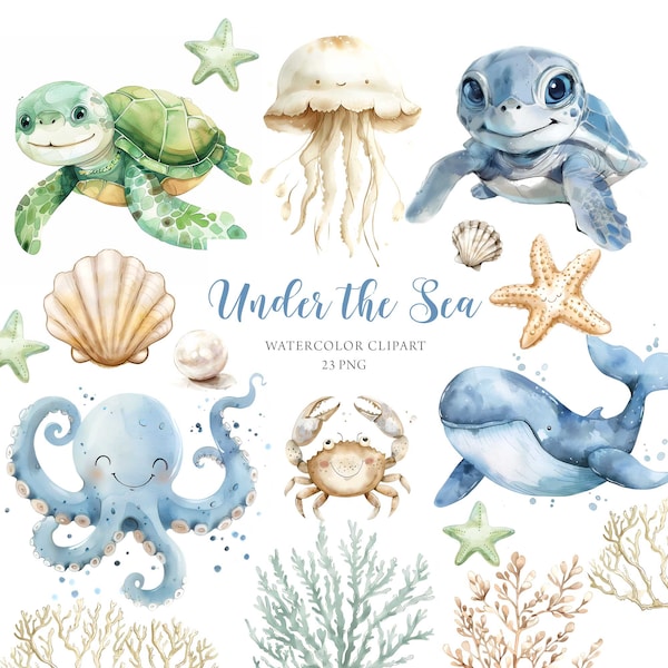 Under the Sea Clipart, Underwater Clipart, Cute Sea Animals Clipart, Marine Watercolor, Turtle Whale Octopus, Baby Shower Clipart, Nursery