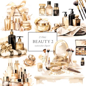 Clipart trucco, clipart cosmetici acquerello, nero e oro, uso commerciale, clipart bellezza e cura personale, salone di bellezza, grafica Me Time