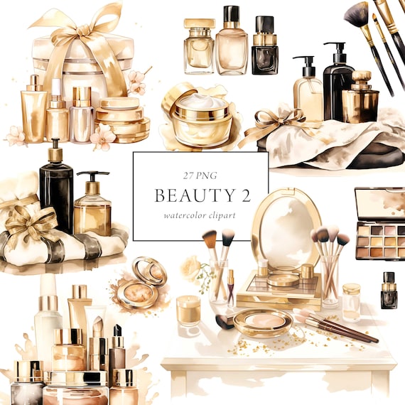 Make Up Clipart, Cosmetics Clipart Watercolor, Black and Gold, Commercial Use, Beauty Self Care Clipart, Beauty Salon, Me Time Graphics