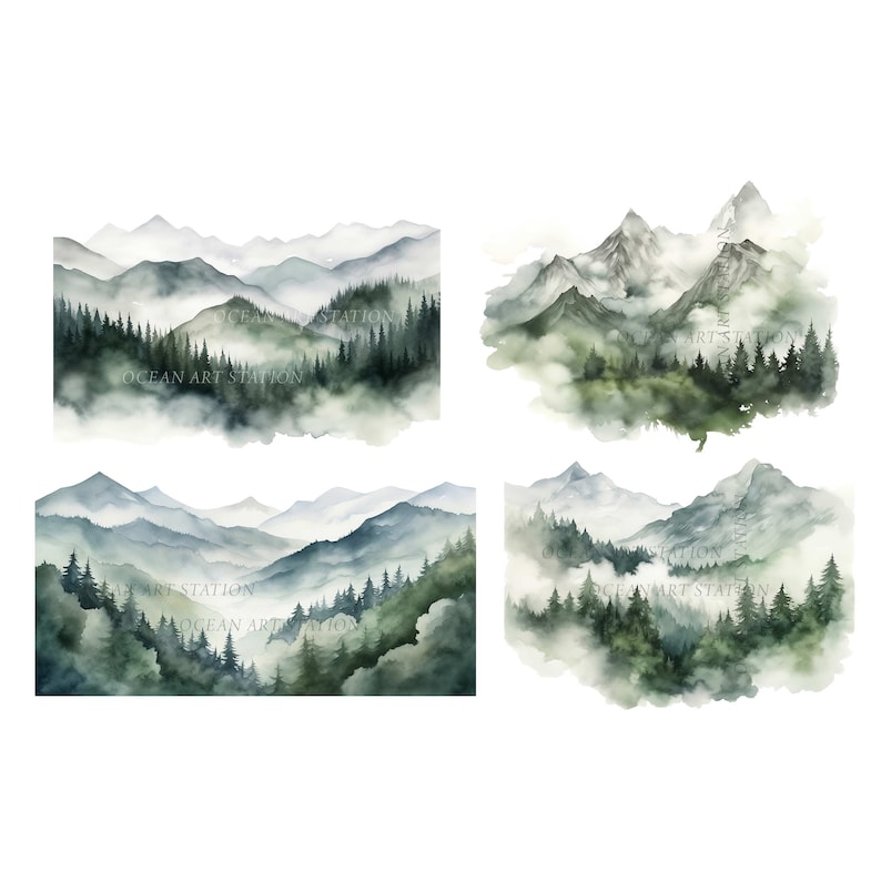 May include: Four watercolor landscape paintings of mountain ranges with evergreen trees and fog. The color palette includes shades of green, blue, and gray. The text "OCEAN ART STATION" is visible on each painting.