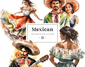 Mexican People Clipart Watercolor, Mexican Girl Clipart, Mariachi, Mexican Fiesta Clipart, Cinco de Mayo, Mexico Stickers Invitations