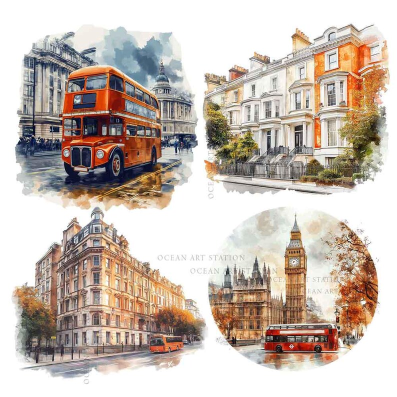 London Clipart, Big Ben Tower Bridge, London Watercolor Illustration, England British UK Clipart, Travel Clipart London Sticker Scrapbooking image 4