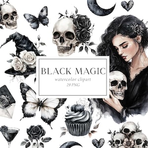 Aquarelle des cliparts sorcière, clipart tête de mort, sorcellerie magique, clipart fantastique mystère, citrouille d'Halloween, belle sorcière, stickers Halloween